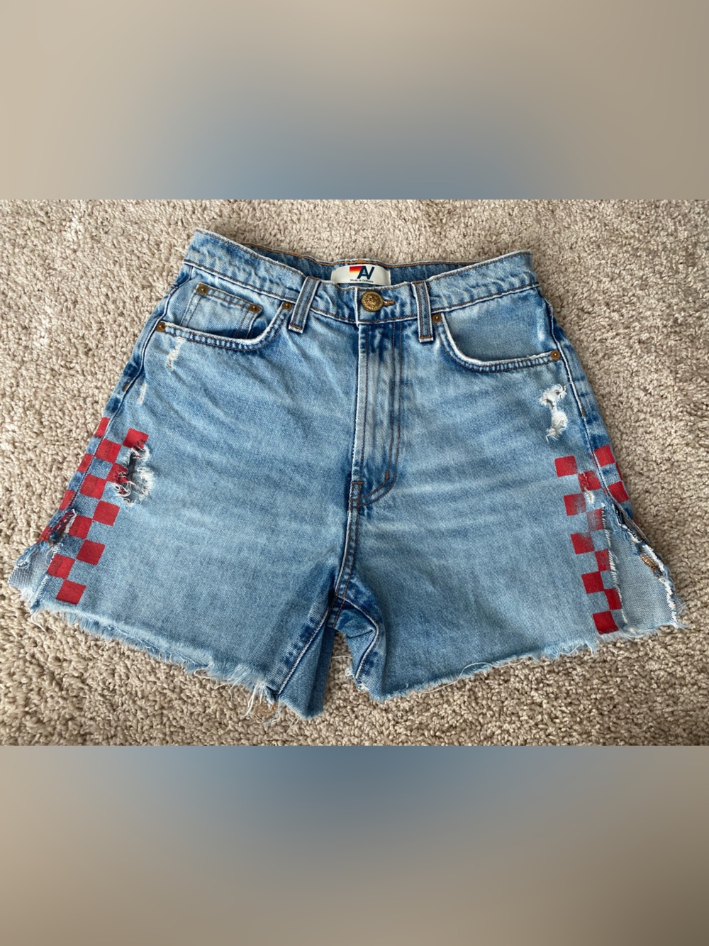 Aviator Nation High-Waisted Distressed Denim Shorts 26 | Red Checkerboard $250